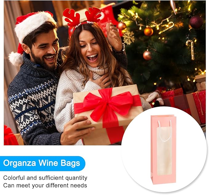 uxcell Wine Bags, 12pcs 4.92"x3.35"x14.2" Wine Gift Bags with Rope Handles, Paper Wine Tote Bag with Clear Window for Wedding Birthday Christmas Party Supplies, Pink