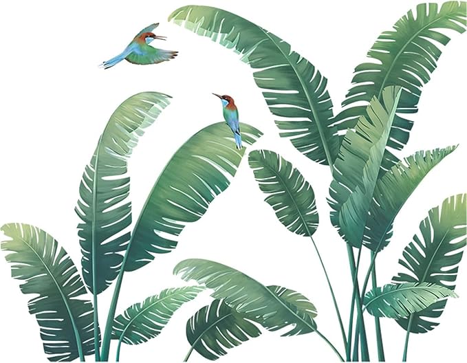 Green Plant Wall Stickers, Tropical Rainforest Monstera Leaf Decal Natural Palm Leaves Nordic Green Leaf Plants Banana Leaf Bird Wall Mural Bedroom Living Room Office Decoration Wallpaper… (plant1)