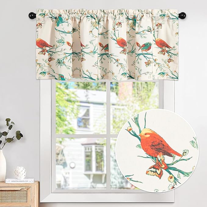 Leeva Birds Butterfly Pattern Valances, Farmhouse Light Filtering Kitchen Window Treatments for Living Room, 1 Panel Rod Pocket Short Drapery for Bedroom, 52 x 12 Inch, Green