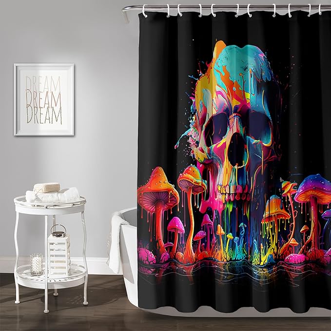 AILONEN Mushroom Skull Shower Curtain for Bathroom, 3D Oil Painting Mushroom Skull Bath Curtain for Kids Boys Girls,Modern Abstract Print Waterproof Black Curtain with 12 Plastic Hooks, 72" W*96" H