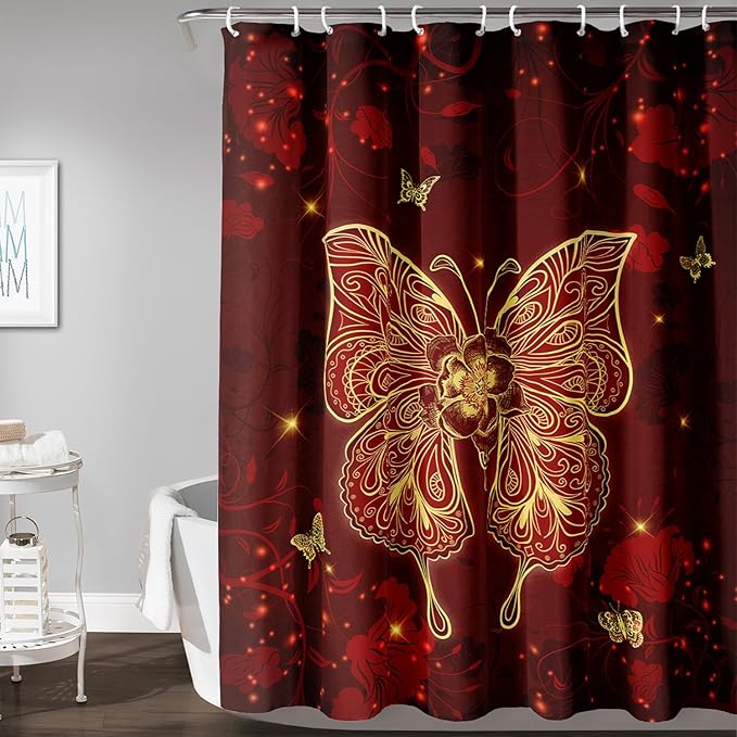 AILONEN Rose Butterfly Waterproof Curtain,Red and Gold Butterfly Floral Bath Curtain,Modern Chic Flower Polyester Fabric Red Curtain with 12 Plastic Hooks, 72" W x 84" H