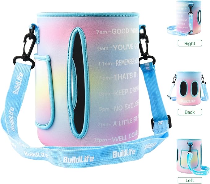 QuiFit 1 Gallon Water Bottle - with Straw & Motivational Time Marker Leak-Proof BPA Free Reusable Gym Sports Outdoor Large(128OZ) Capacity Water Jug(Purple/Green with Sleeve,1 Gallon)