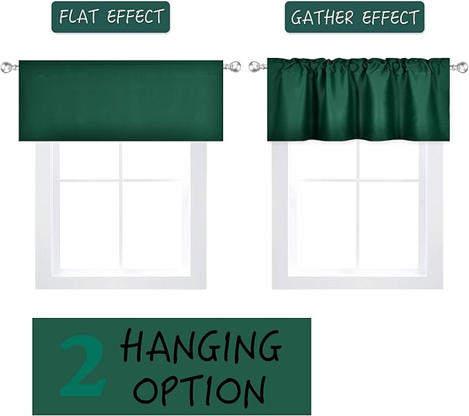 Deep Green Valance for Windows 42x18 Inch Solid Thermal Insulated Blackout Rod Pocket Kitchen Short Curtain Toppers Valance for Bathroom Living Room 1 Panel
