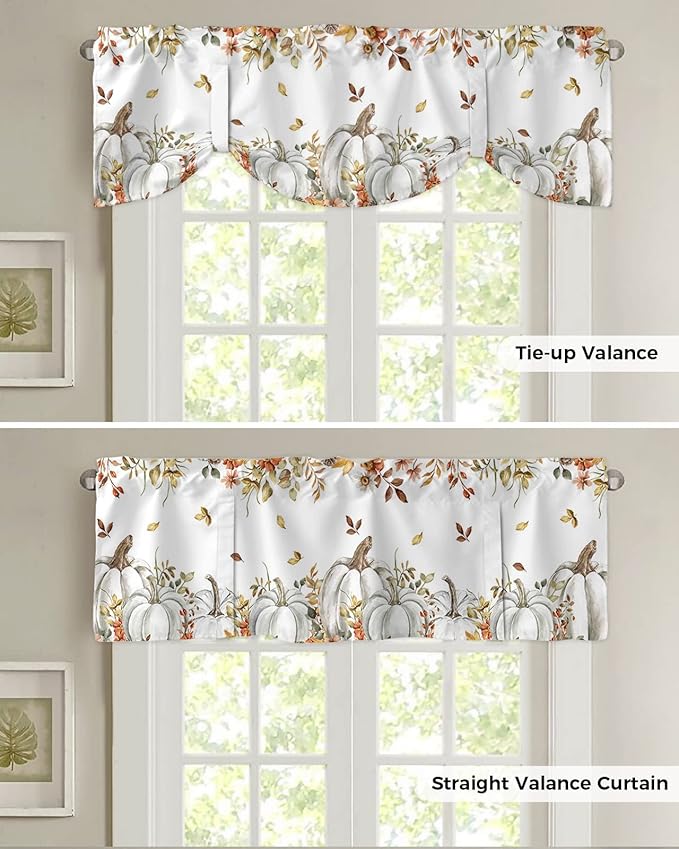 Fall Floral Leaves Blackout Tie Up Valance Curtains for Kitchen Windows Thanksgiving Pumpkins Window Toppers Balloon Shades for Living Room/Bathroom/Bedroom,1 Panel,54" X 18" Boho