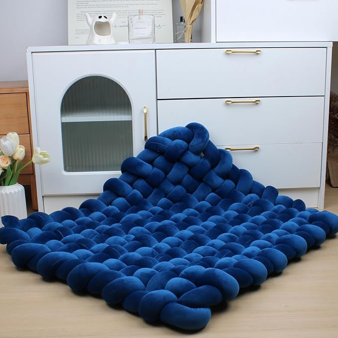 XHJRI Thickened Braided Knot Seat Mat, Knotted Floor Decorative Cushion, Handmade Baby Infant Playing Pad Nursery Rug (27.5 * 31.5 Inch,Navy Blue)