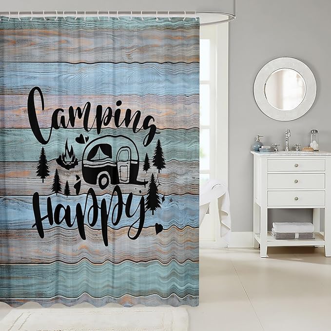 Feelyou Camper Bathroom Shower Curtain Set Happy Camping Bath Curtain Camping Shower Curtain Cartoon Camping Kids Bathroom Accessories 72"x84"