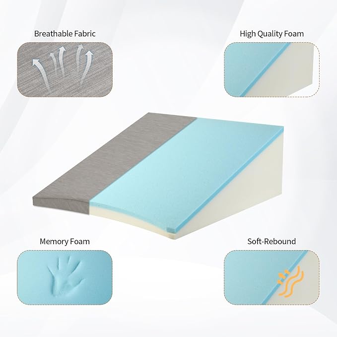 Wedge Pillow for Sleeping, 12 Inch Cooling Triangle Bed Pillow with Removable Cover, Elevated Body Pillow Wedge for Back Support, After Leg Surgery, Snoring, Acid Reflux, Grey