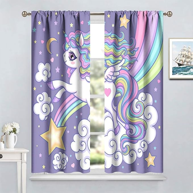 Kids Unicorn Curtains Purple Cartoon Rainbow Cartoon Room Blackout Curtains Boys Girls Baby Room Decor Curtains Living Room Decor 55x63 Inch 2 Panels