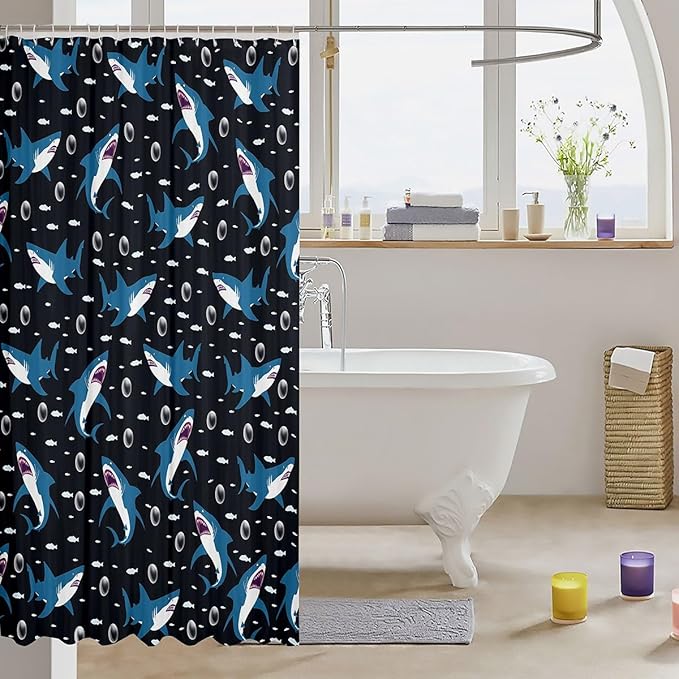 Feelyou Shark Bath Curtain Cute Shark Bathroom Shower Curtain Set for Kids Toddler Boys Girls Cartoon Shark Shower Curtain Shark Ocean Kids Bathroom Accessories 72"x72"