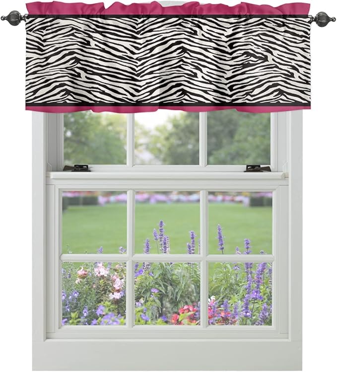 Vandarllin Animal Zebra Print Kitchen Curtains Valances for Windows Black White Pink Rod Pocket Window Treatment for Kitchen/Living Room/Bedroom/Bathroom,42" X 18" -1 Panel,