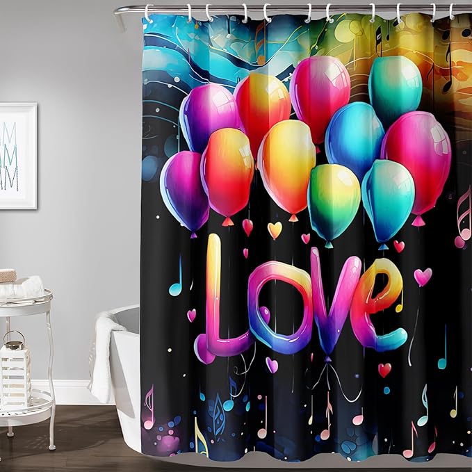 AILONEN Love Theme Shower Curtain for Bathroom, Romantic Rainbow Balloon Tie Dye Bath Curtain for Kids Girls Women,Abstract Music Black Shower Curtain Waterproof with 12 Plastic Hooks, 36" W*72" H