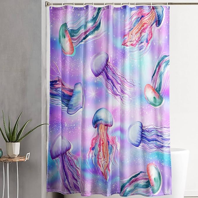 AILONEN Jellyfish Shower Curtain,Cartoon Sea Animal Jellyfish Bath Curtain Set for Kids Girls,Tie Dye Starry Night Fabric Shower Curtains for Bathroom, 72" W*78" H