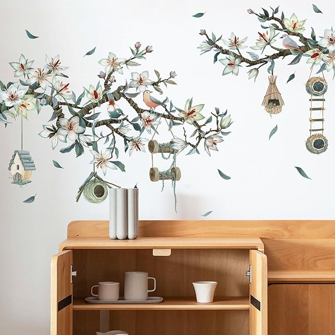 Bird on The Tree Branch Wall Decals Fresh Magnolia Spring Wall Stickers Living Room Bedroom Sofa TV Background Wall Decor