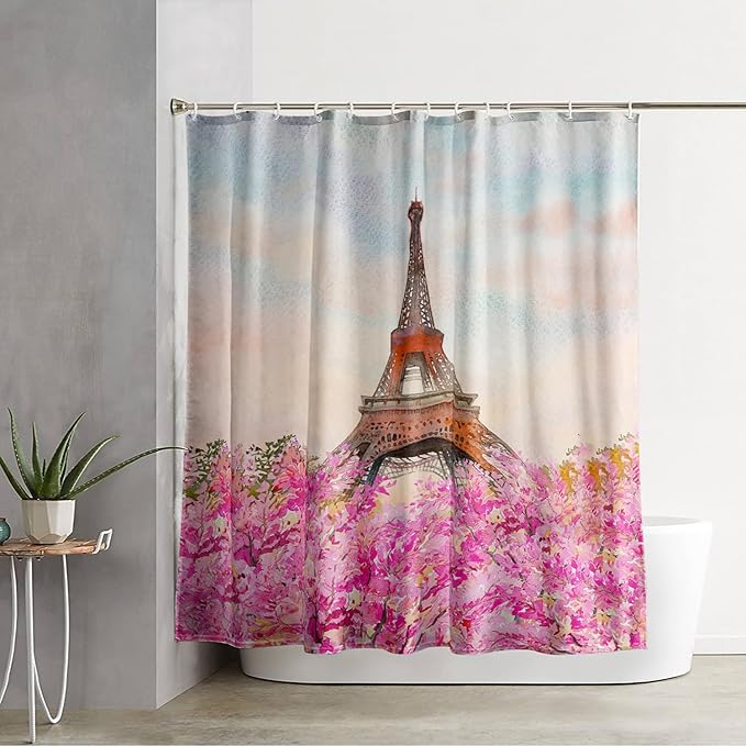 AILONEN Paris Tower Shower Curtain,Romantic Tower Theme Waterproof Fabric Shower Curtain Set for Girls Kids Teens, 60" W*72" H Pink Flowers Dreamy Eiffel Tower Shower Curtain