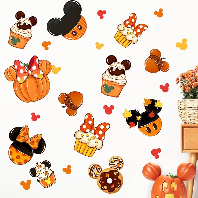 Mfault Fall Cartoon Mouse Wall Decals Stickers, Autumn Pumpkin Doughnut Cupcake Decorations Bedroom Art, Thanksgiving Acorn Maple Leaves Seasonal Home Kitchen Decor