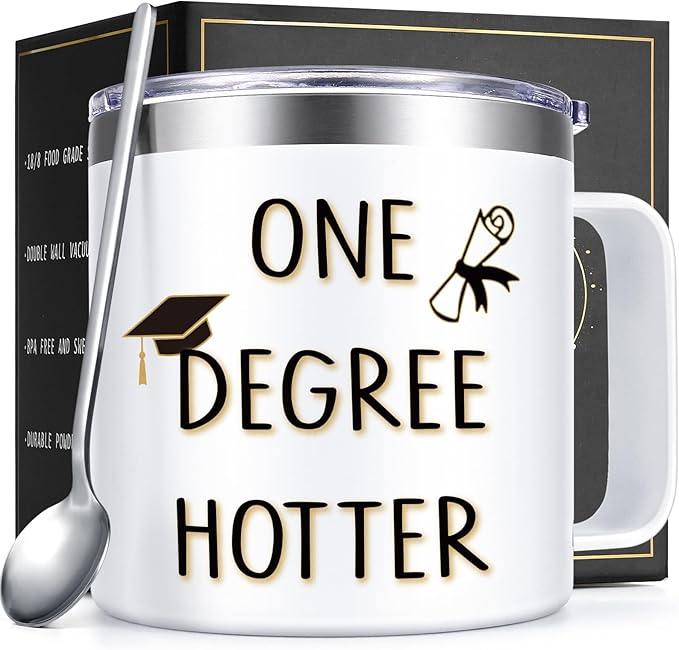 Lifecapido Graduation Gifts, One Degree Hotter 14oz Stainless Steel Coffee Mug with Handle, College Masters Degree Phd Graduation Gifts High School Graduation Gifts Christmas Gifts for Her Him (White)