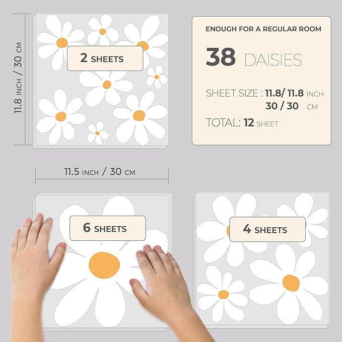 Classic Style Daisy Wall Decal - 12 Sheets of Big White Vinyl Flower Wall Stickers - Daisy Decor Ideal for Kids Girls Nursery, Playroom, Bedroom, and Living Room - Peel and Stick Floral Stickers