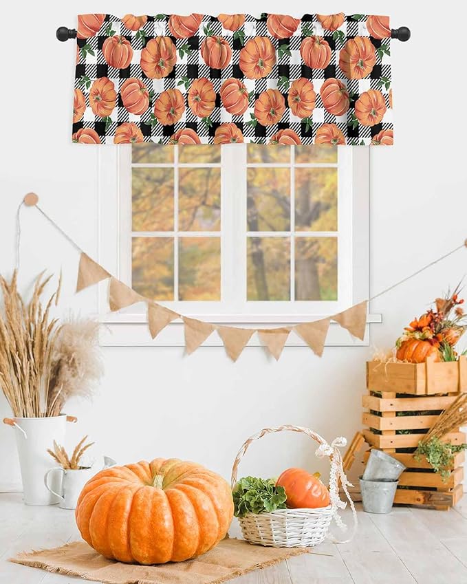 Fall Kitchen Curtains Valances for Windows Thanksgiving Halloween Pumpkins Rod Pocket Window Treatment for Kitchen /Living Room/Bedroom/ Bathroom,42" X 12", Farmhouse Black White Buffalo Plaid