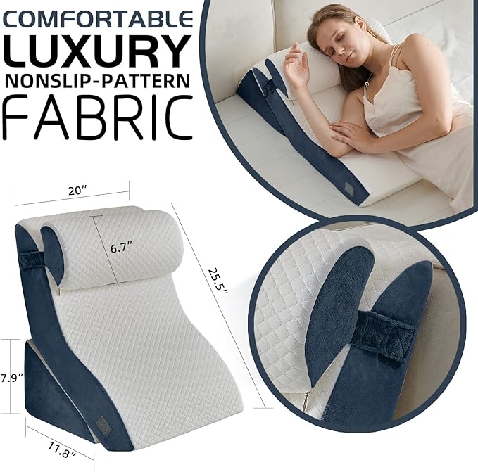 Qirroboni 3PCS Orthopedic Bed Wedge Pillow Set, Adjustable Pillows for Neck, Back and Leg Pain Relief Comfortable & Post Surgery Foam - Heartburn, Anti Snoring, Acid Reflux & GERD Sleeping Indigo