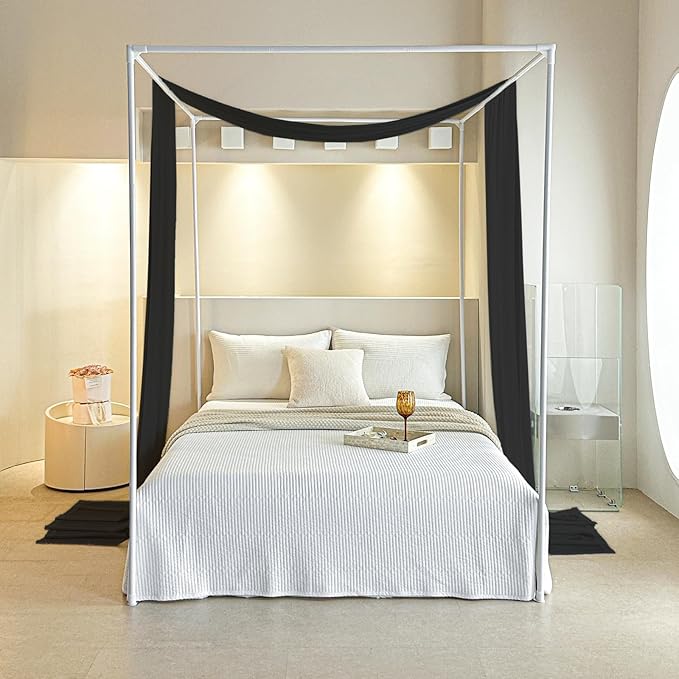 AIKASY Black Bed Canopy Scarf for King - Luxury Sheer Canopy Bed Curtains with Light - Suitable for Four-Poster Bed, Metal Bed Frame, Wood Bed Frame -1pic