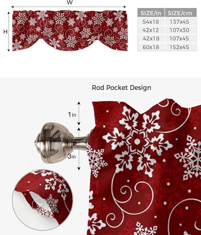Christmas Blackout Tie Up Valance Curtains for Kitchen Windows Red White Snowflakes Pattern Window Toppers Balloon Shades for Living Room/Bathroom/Bedroom,1 Panel, 42" X 18", Winter