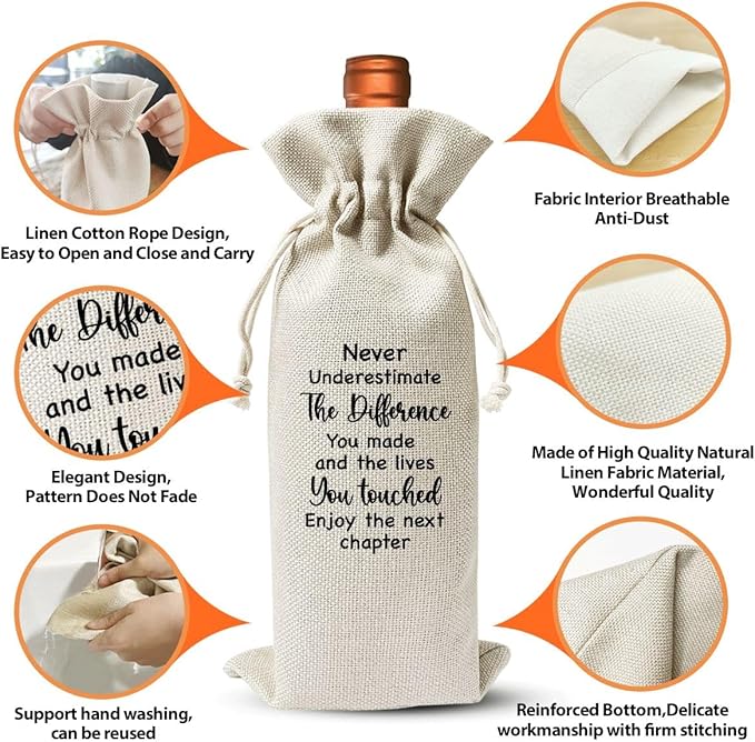Retirement Gifts Wine Bag, Retirement Thank You Gift For Colleagues Friend Employee Boss, Never Underestimate the Difference You Make Reusable Linen Bags