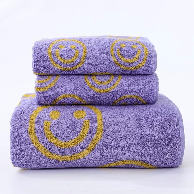 Luxury Purple Yellow Cute Smiling Face Bath Towel Sets for Bathroom, 1 Bath Towels 2 Hand Towels Washcloths, 100% Cotton Ultra Soft Highly Absorbent for Women Kids Girl Boy Face Body