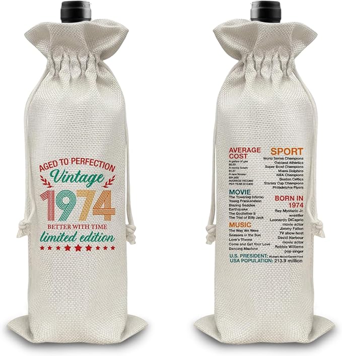 50th Birthday Gifts Wine Bag Congratulations Gifts for Women Men Parents Mom Dad Anniversary Favors 1974 with Time Information Wine Gift Bag
