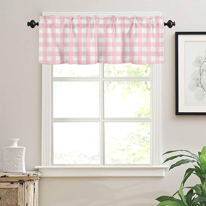 Christmas Valance Curtains for Kitchen Windows Rustic Pink White Buffalo Check Plaid Pattern Rod Pocket Window Treatment Toppers for Kitchen/Living Room/Bedroom/Bathroom, 42" X 18", Farmhouse
