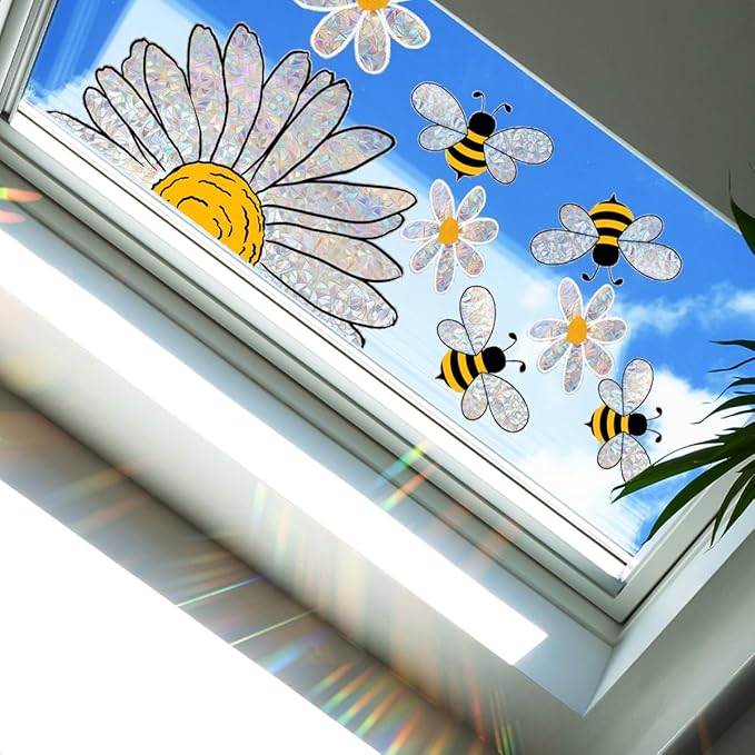 8Pcs Rainbow Window Clings,Bee Flowers Suncatcher Sticker for Window,Window Cings for Glass Windows,Bird Deterrent for Windows (Bee Flowers)