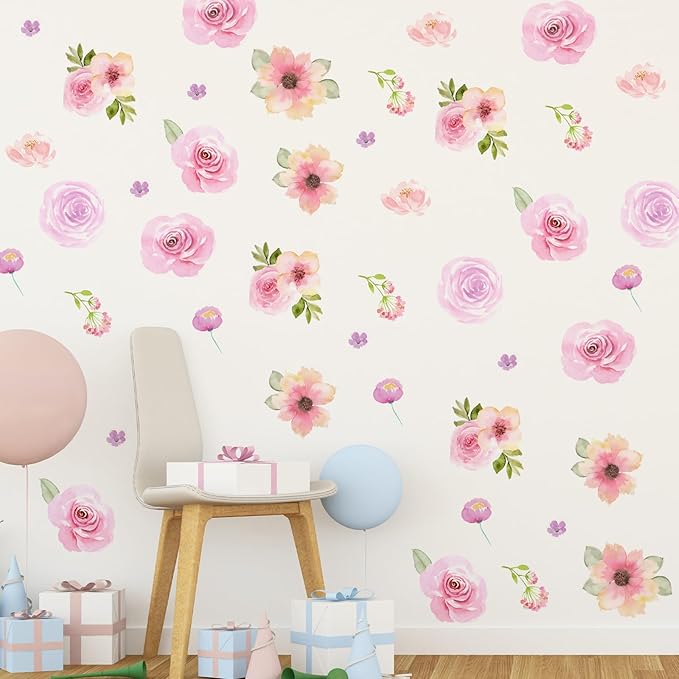 60pcs Pink Flower Wall Sticker Watercolor PVC Peel and Stick Wall Decals Cute Peony Floral and Leaves Pastel Flower Decor for Kids Bedroom Living Room Baby Nursery Kindergarten