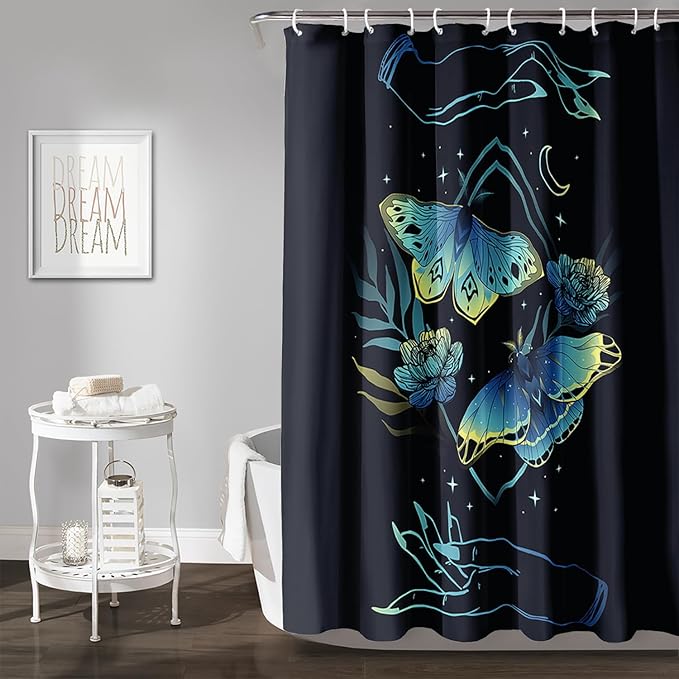 AILONEN Blue Moth Shower Curtain,Flora Death Moth Bath Curtain for Bathroom Decor,Polyester Waterproof with 12 Plastic Hooks 72" W*78" H