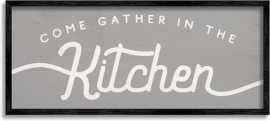 Stupell Industries Gather in The Kitchen Sign Rustic Family Phrase, Designed by Daphne Polselli Black Framed Wall Art, 13 x 30, Grey