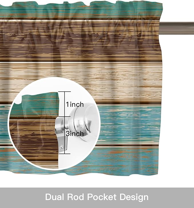Farmhouse Kitchen Curtains Valances for Windows Teal Turquoise Green Brown Country Rod Pocket Window Treatment for Kitchen /Living Room/Bedroom/ Bathroom,42" X 12" -1 Panel, Retro Rustic Barn Wood