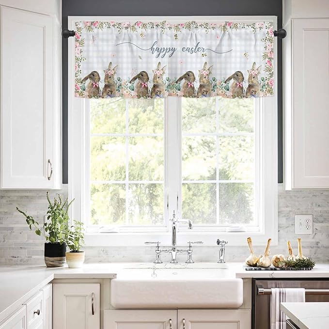 Rabbits Flowers Easter Kitchen Curtains and Valances Set,Eucalyptus Leaf Spring Summer Window Tiers Grey White Buffalo Plaid Half/Short Curtains for Small Windows Cafe /Living Room/ Bedroom 54x24 in