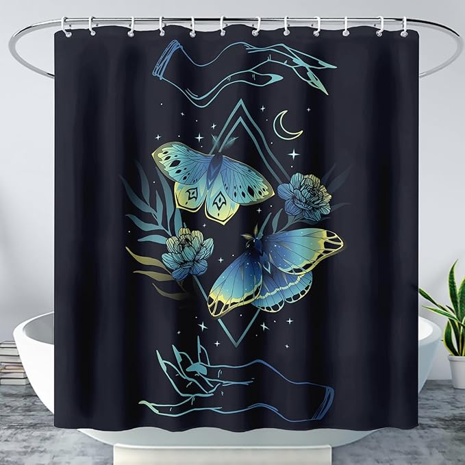 AILONEN Blue Moth Shower Curtain,Flora Death Moth Bath Curtain for Bathroom Decor,Polyester Waterproof with 12 Plastic Hooks 48" W*72" H