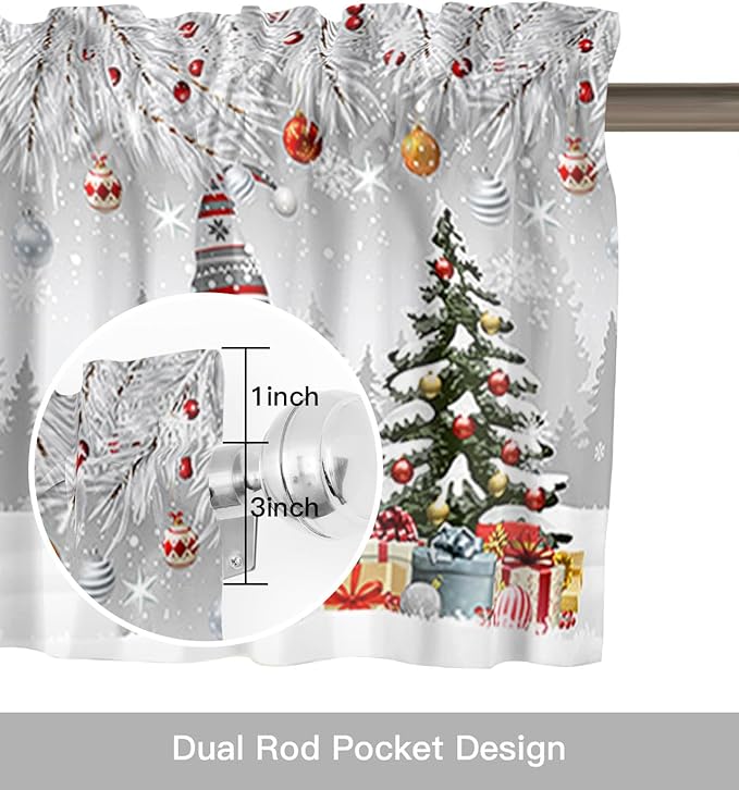 Christmas Gnome Valance Curtains for Kitchen Windows Winter Merry Christmas Tree Balls Rod Pocket Window Treatment Toppers for Kitchen/Living Room/Bedroom/Bathroom, 42" X 12", Grey