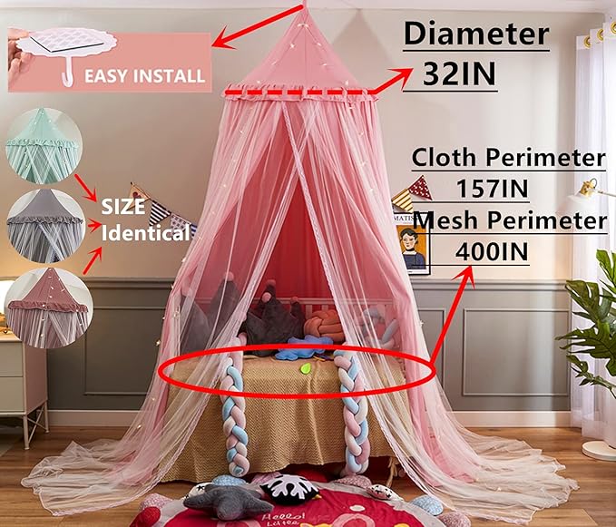 VETHIN Bed Canopy for Kids with Lights,Double Layer Princess Round Dome Children Dreamy Mosquito Net Bedding Girls Room Castle Play Tent Hanging House Decor Reading Nook Canopies(Green/White)