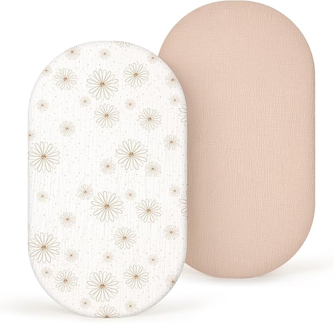 Muslin Bassinet Sheets Baby: Cotton Bassinet Sheets Fitted for Boys and Girls - Bassinet Sheets for Oval Rectangle or Hourglass Mattress(Nudepink Daisy)