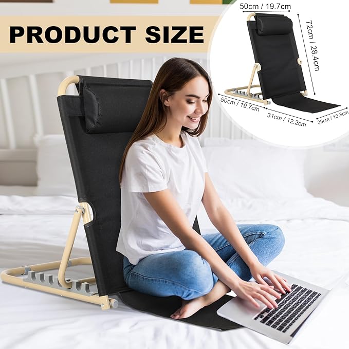 Lifting Bed Backrest Portable Folding Adjustable Sit up Back Rest Multifunction Chair for Bed Change Angle of Backrest for Elderly Patients Back Neck Lumbar Support (Black,28.4 Inch)