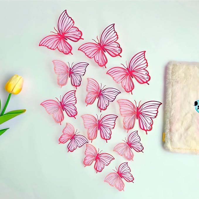 3D Butterfly Wall Decor 3 Sizes 4 Styles, Kurilai 48Pcs Butterfly Decorations Party Birthday Cake Decoration, Removable Wall Stickers for Kids Nursery Wedding Bedroom Room Decor (Pink)