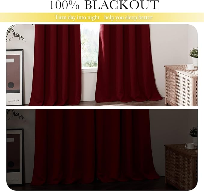 NICETOWN Kitchen Full Blackout Curtain Panels, Super Thick and Soft Insulated Window Covers, 100% Blackout Draperies with Same Color Backing for Cafe Window (Burgundy Red, Set of 2 PCs, 52 by 54-inch)