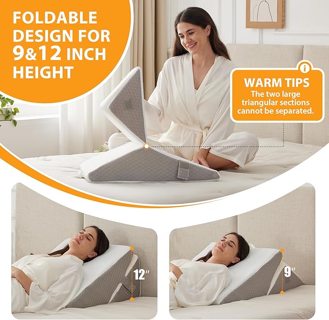 Bed Wedge Pillow for Sleeping, 9&12 Inch Wedge Pillow for Back Pain Relief, Adjustable 7-in-1 Memory Foam Triangle Pillow for Back and Leg Support, Acid Reflux, Snoring & Gerd, White/Grey