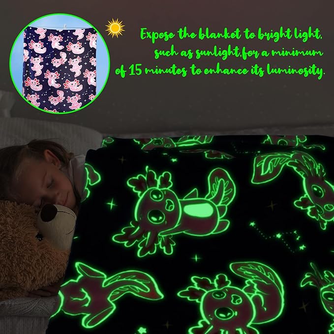 Axolotl Blanket Glow in The Dark Blanket Pink Axolotl Plush Cute Blanket for Girls Axolotl Gifts Birthday Decorations 50"x60"