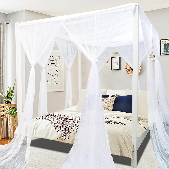 South to East White Canopy Bed Curtains, 4 Corner Post Bed Canopy, Top Elegant Bed Drapes for Bedroom Decor, 75D Polyester Mesh, 4 Openings, Easy Install, Bed Curtain for King/Queen Size