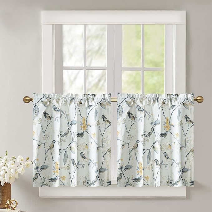 Leeva Farmhouse Style Linen Textured Short Window Treatment, Elegant Grey Birds Curtain Tiers for Bathroom Living Room Cafe, 2 Panels Set, 29 x 30 Inch