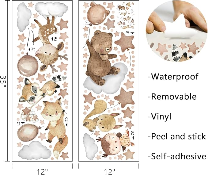 Mfault Jungle Baby Animals Wall Decals Stickers, Woodland Bear Deer Owl Fox Squirrel Raccoon Nursery Decorations Boys Girls Bedroom Art, Cloud Stars Balloon Neutral Toddlers Kids Room Playroom Decor