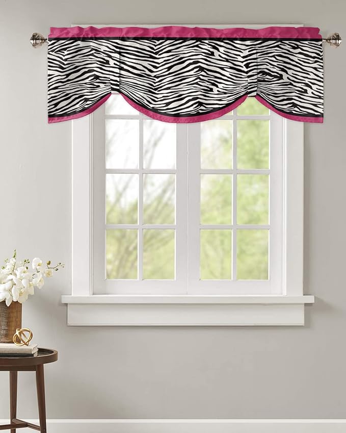 Animal Zebra Print Blackout Tie Up Valance Curtains for Kitchen Windows Black White Pink Window Toppers Balloon Shades for Living Room/Bathroom/Bedroom,1 Panel,42" X 18"