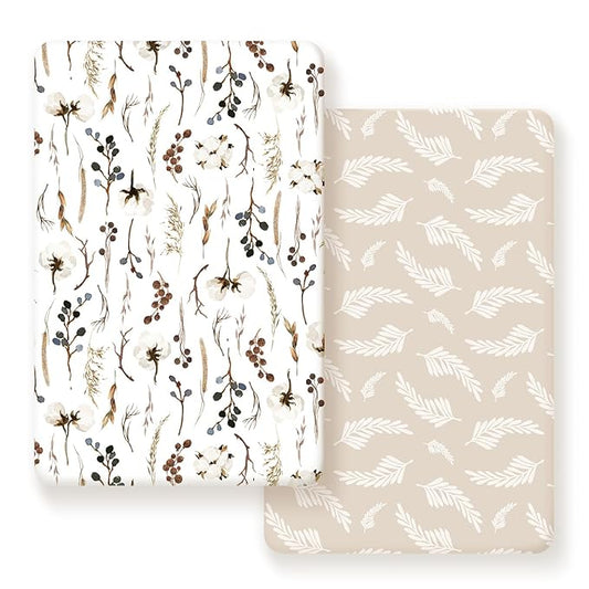 GRSSDER Stretchy Ultra Soft Jersey Knit Fitted Pack n Play Sheets Set 2 Pack, Neutral Portable/Mini Cribs Sheets, Fit Playards Mattress Pads Safe and Snug, Stylish Pretty Flora for Baby, Beige