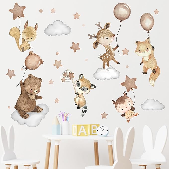 Mfault Jungle Baby Animals Wall Decals Stickers, Woodland Bear Deer Owl Fox Squirrel Raccoon Nursery Decorations Boys Girls Bedroom Art, Cloud Stars Balloon Neutral Toddlers Kids Room Playroom Decor